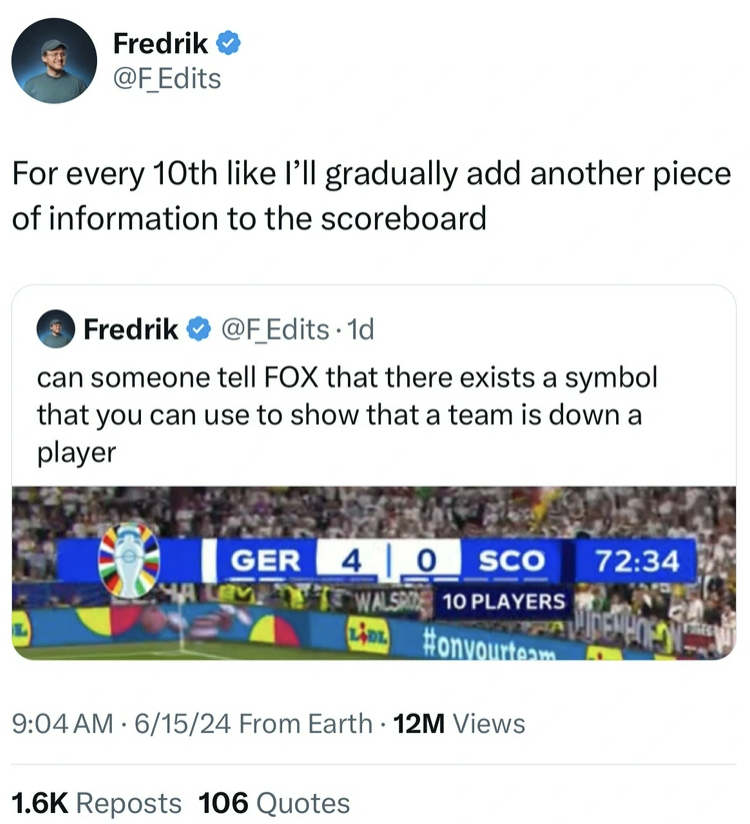 screenshot - Fredrik For every 10th I'll gradually add another piece of information to the scoreboard Fredrik . 1d can someone tell Fox that there exists a symbol that you can use to show that a team is down a player Ger 4 0 Sco Walsp 10 Players Honyourte